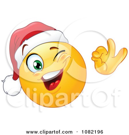 Clipart Winking Christmas Emoticon Smiley Face Wearing A Santa Hat - Royalty Free Vector Illustration by yayayoyo