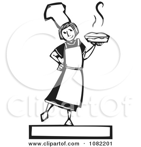 Clipart Black And White Woodcut Styled Girl Holding A Fresh Pie - Royalty Free Vector Illustration by xunantunich