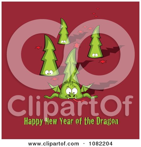 Clipart Dragon And Trees With Happy New Year Of The Dragon Text On Red - Royalty Free Vector Illustration by Eugene