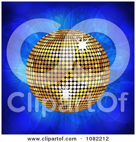 Clipart 3d Gold Disco Music Ball On Blue Flares - Royalty Free Vector Illustration by elaineitalia
