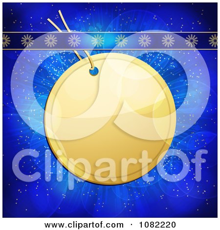 Clipart 3d Round Golden Christmas Label With Snowflake Ribbons On Blue - Royalty Free Vector Illustration by elaineitalia