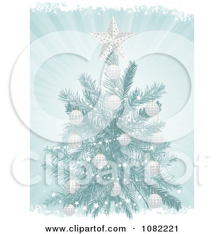 Clipart 3d Blue Christmas Tree With White Ornaments On Blue Rays With Grunge - Royalty Free Vector Illustration by elaineitalia