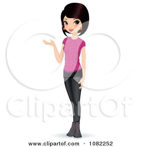 Clipart Teen Girl In Pink And Black Presenting With One Hand - Royalty Free Vector Illustration by Melisende Vector