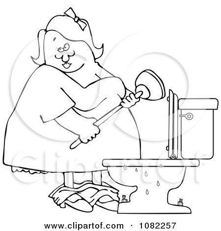 Clipart Outlined Woman With A Plunger Over A Clogged Toilet - Royalty Free Vector Illustration by djart