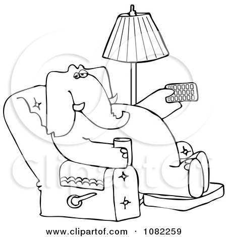 Clipart Outlined Elephant Holding A Tv Remote And Drink In A Recliner - Royalty Free Vector Illustration by djart
