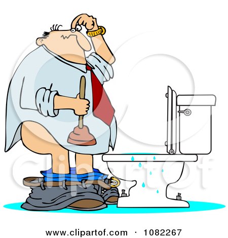 Clipart Man With A Plunger Over A Clogged Toilet - Royalty Free Vector Illustration by djart