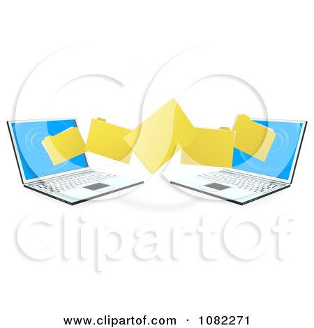 Clipart 3d Folders Transferring From One Laptop To The Other - Royalty Free Vector Illustration by AtStockIllustration