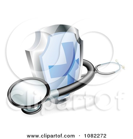 Clipart 3d Blue Cross Shield And Medical Stethoscope - Royalty Free Vector Illustration by AtStockIllustration