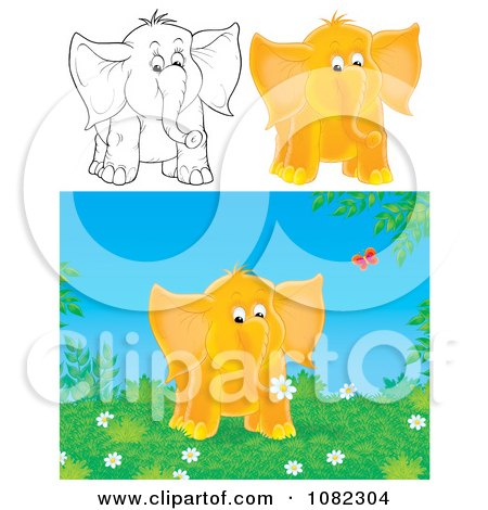 Clipart Outlined And Orange Elephants - Royalty Free Illustration by Alex Bannykh