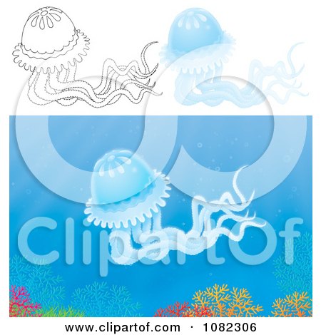 Clipart Outlined And Blue Jellyfish - Royalty Free Illustration by Alex Bannykh