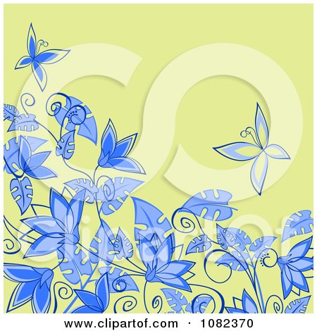 Clipart Floral Background With Blue Flowers And Butterflies On Green - Royalty Free Vector Illustration by Vector Tradition SM