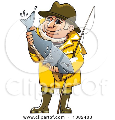 Clipart Pleased Fisherman Holding A Fish - Royalty Free Vector Illustration by Vector Tradition SM