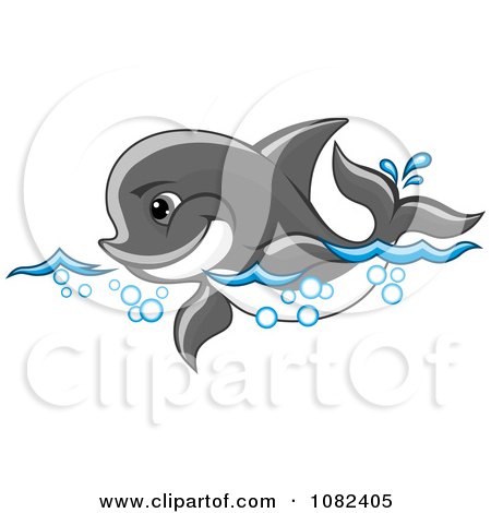 Clipart Cute Gray Dolphin Swimming Through Waves - Royalty Free Vector Illustration by Vector Tradition SM