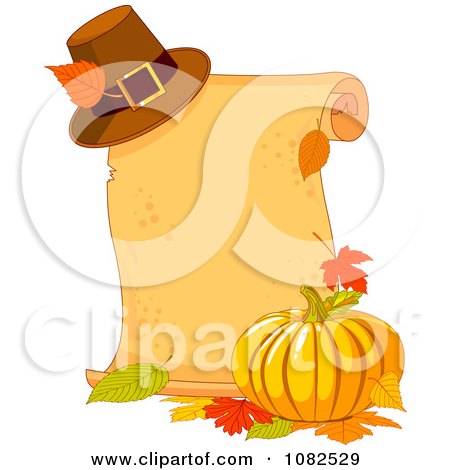 Clipart Pilgrim Hat Fall Leaves And Pumpkin By A Thanksgiving Scroll - Royalty Free Vector Illustration by Pushkin