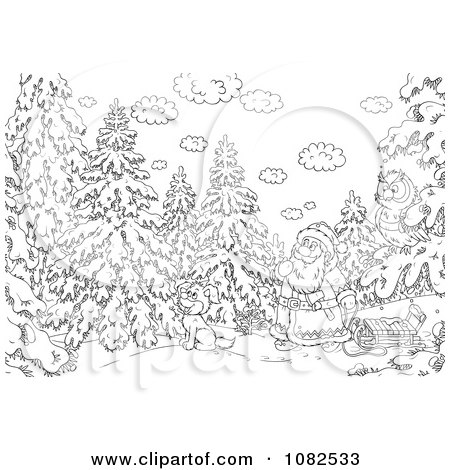 Clipart Outlined Santa With An Owl Dog And Sled In The Woods - Royalty Free Illustration by Alex Bannykh