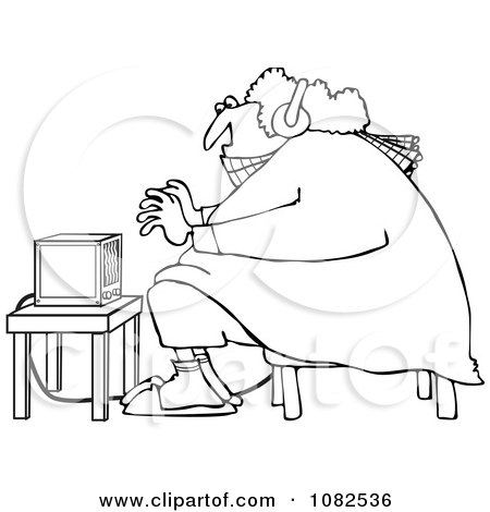 Clipart Outlined Cold Woman Wearing Bunny Slippers And Muffs By A Space Heater - Royalty Free Vector Illustration by djart