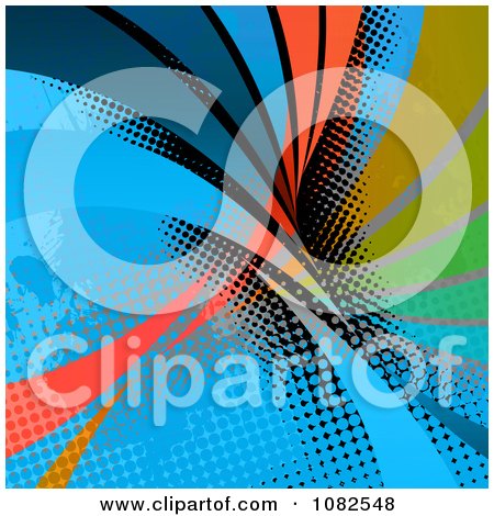 Clipart Colorful Swooshes On Grungy Blue And Black Halftone - Royalty Free Illustration by Arena Creative