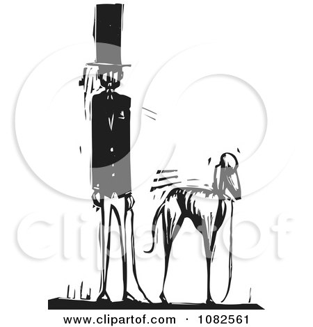 Clipart Black And White Woodcut Styled Man With A Top Hat And Skinny Dog - Royalty Free Vector Illustration by xunantunich