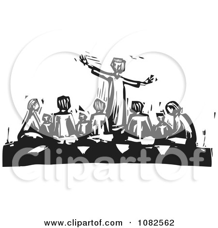 Clipart Black And White Woodcut Styled Teacher Gesturing Around A Group Of Students - Royalty Free Vector Illustration by xunantunich