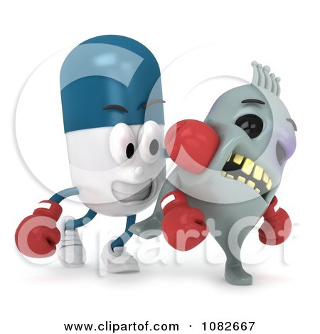 Clipart 3d Pill Character Knocking Out A Virus - Royalty Free CGI Illustration by BNP Design Studio