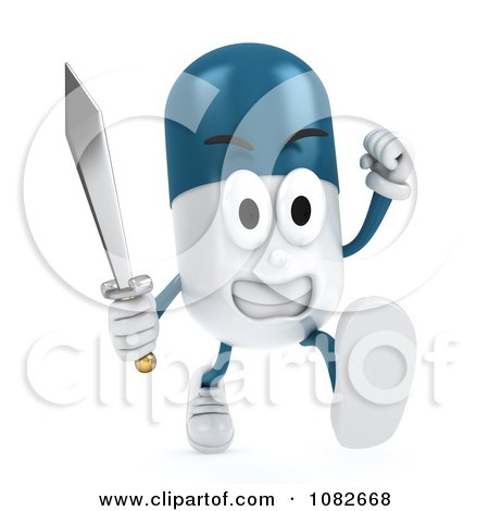 Clipart 3d Pill Character Running With A Sword - Royalty Free CGI Illustration by BNP Design Studio