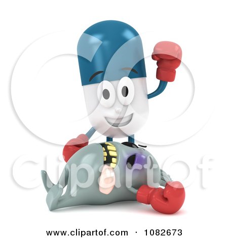 Clipart 3d Pill Character Standing Over A Knocked Out Virus - Royalty Free CGI Illustration by BNP Design Studio