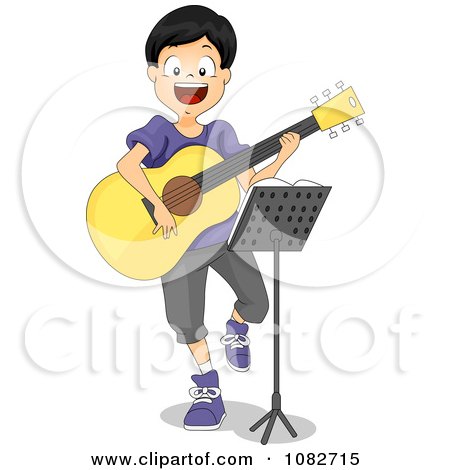 Clipart Boy Playing A Guitar In Front Of A Music Stand - Royalty Free Vector Illustration by BNP Design Studio