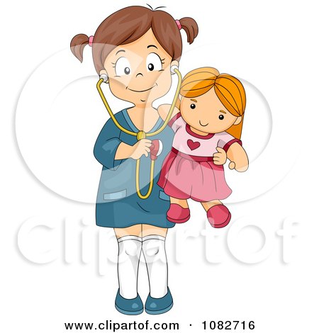 Clipart Girl Holding A Stethoscope To Her Doll - Royalty Free Vector Illustration by BNP Design Studio