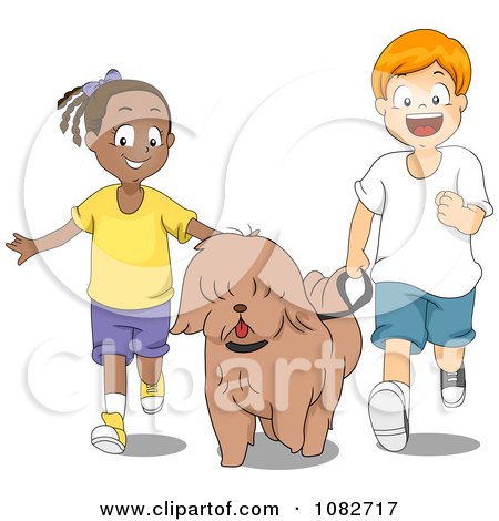 Clipart Black Girl And White Boy Walking A Dog - Royalty Free Vector Illustration by BNP Design Studio