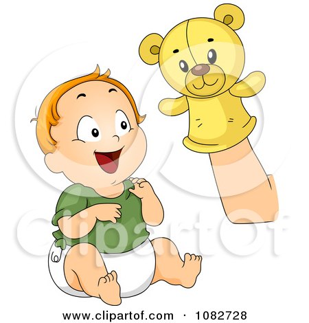 Clipart Baby Boy Laughing At A Hand Puppet - Royalty Free Vector Illustration by BNP Design Studio