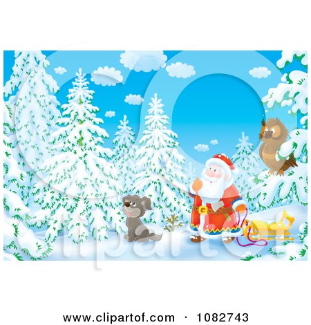 Clipart Airbrushed Owl Dog And Santa In The Winter Woods - Royalty Free Illustration by Alex Bannykh