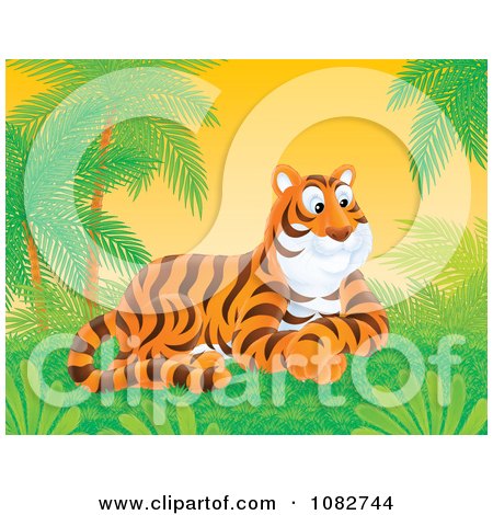 Clipart Tiger Resting In A Tropical Landscape - Royalty Free Illustration by Alex Bannykh