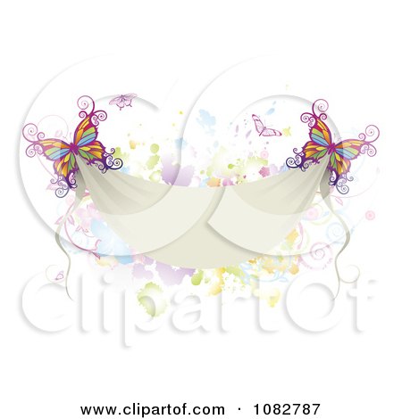 Clipart Colorful Butterflies With A Blank Banner And Splatters - Royalty Free Vector Illustration by AtStockIllustration