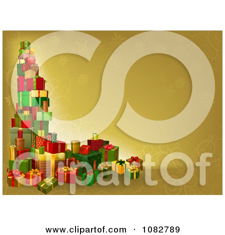 Clipart 3d Tower Of Christmas Gifts On A Gold Background - Royalty Free Vector Illustration by AtStockIllustration