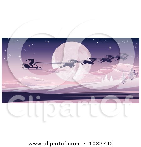 Clipart Santas Magic Sleigh And Reindeer Flying Over A Winter Landscape And Full Moon - Royalty Free Vector Illustration by AtStockIllustration