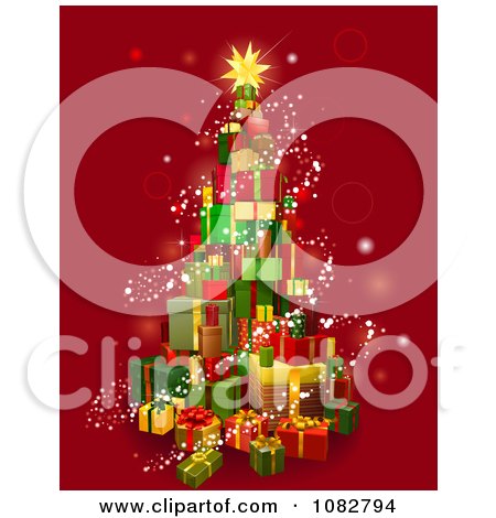Clipart 3d Christmas Tree Gift Tower With Magical Lights Over Red - Royalty Free Vector Illustration by AtStockIllustration