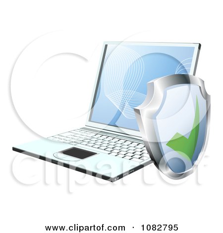Clipart 3d Security Shield By A Laptop Computer - Royalty Free Vector Illustration by AtStockIllustration