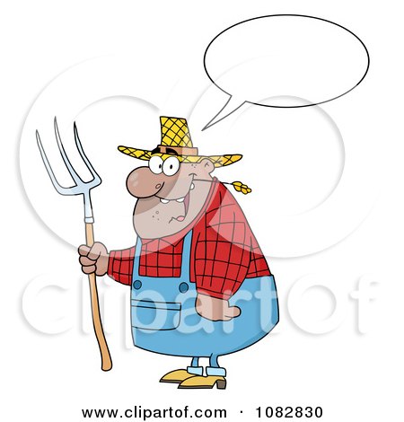 Clipart Talking Hispanic Farmer Man Chewing On Straw And Holding A Rake - Royalty Free Vector Illustration by Hit Toon
