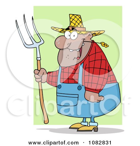 Clipart Plump Hispanic Farmer Man Chewing On Straw And Holding A Rake - Royalty Free Vector Illustration by Hit Toon