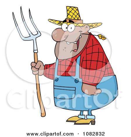 Clipart Chubby Hispanic Farmer Man Chewing On Straw And Holding A Rake - Royalty Free Vector Illustration by Hit Toon