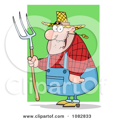 Clipart Plump Farmer Man Chewing On Straw And Holding A Rake - Royalty Free Vector Illustration by Hit Toon