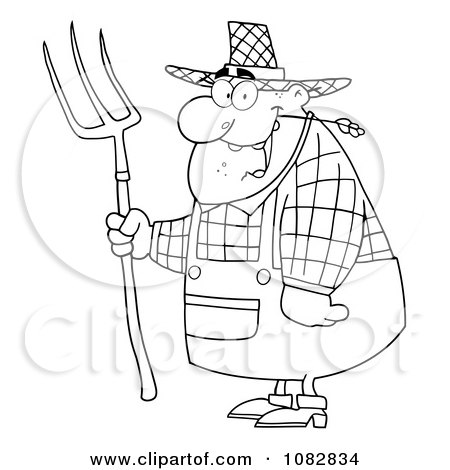 Clipart Outlined Farmer Man Chewing On Straw And Holding A Rake - Royalty Free Vector Illustration by Hit Toon