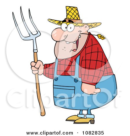 Clipart Chubby Farmer Man Chewing On Straw And Holding A Rake - Royalty Free Vector Illustration by Hit Toon