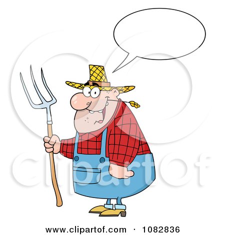 Clipart Chubby Farmer Man Talking Chewing On Straw And Holding A Rake - Royalty Free Vector Illustration by Hit Toon