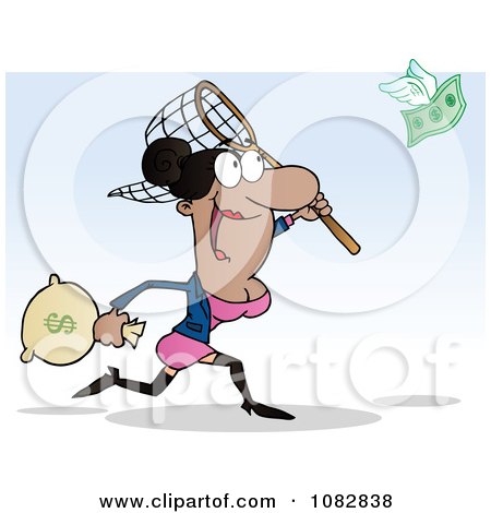 Clipart African American Businesswoman Catching Money With A Net - Royalty Free Vector Illustration by Hit Toon