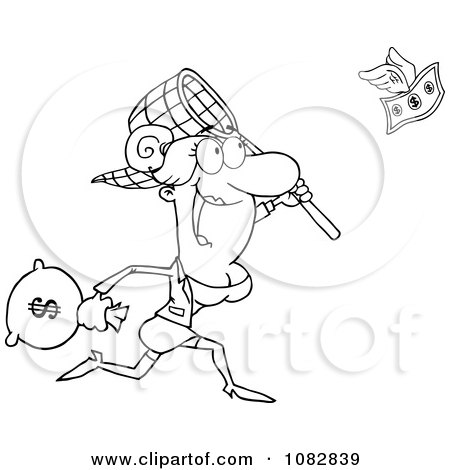 Clipart Outlined Businesswoman Catching Money With A Net - Royalty Free Vector Illustration by Hit Toon