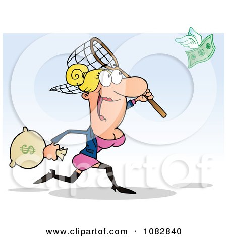 Clipart White Businesswoman Catching Money With A Net - Royalty Free Vector Illustration by Hit Toon