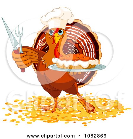 Clipart Thanksgiving Turkey Chef Holding A Pumpkin Pie - Royalty Free Vector Illustration by Pushkin