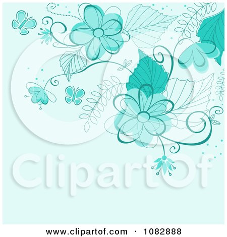 Clipart Blue Background With Turquoise Flowers Butterflies And Copyspace - Royalty Free Vector Illustration by Vector Tradition SM