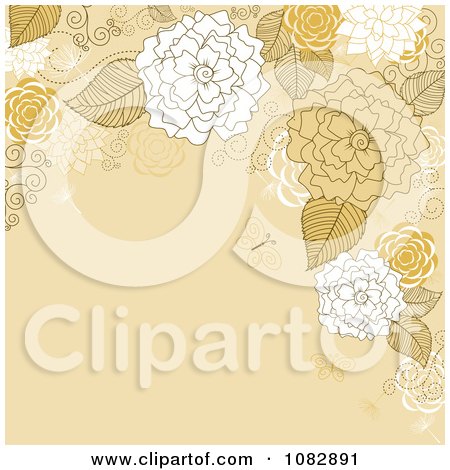 Clipart Brown Background With Tan And White Flowers Butterflies And Copyspace - Royalty Free Vector Illustration by Vector Tradition SM